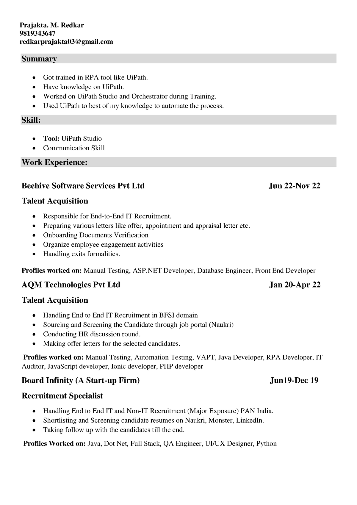 sample resume for rpa uipath developer