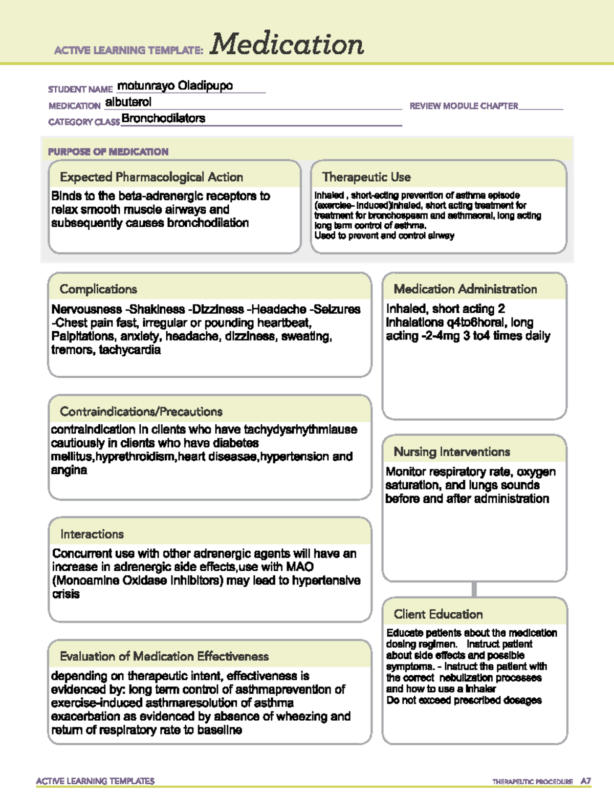 Albuterol template - NUR1015 - Studocu