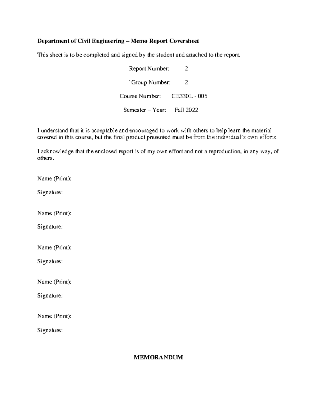 CE 330L Lab Report 2 Department of Civil Engineering Memo Report