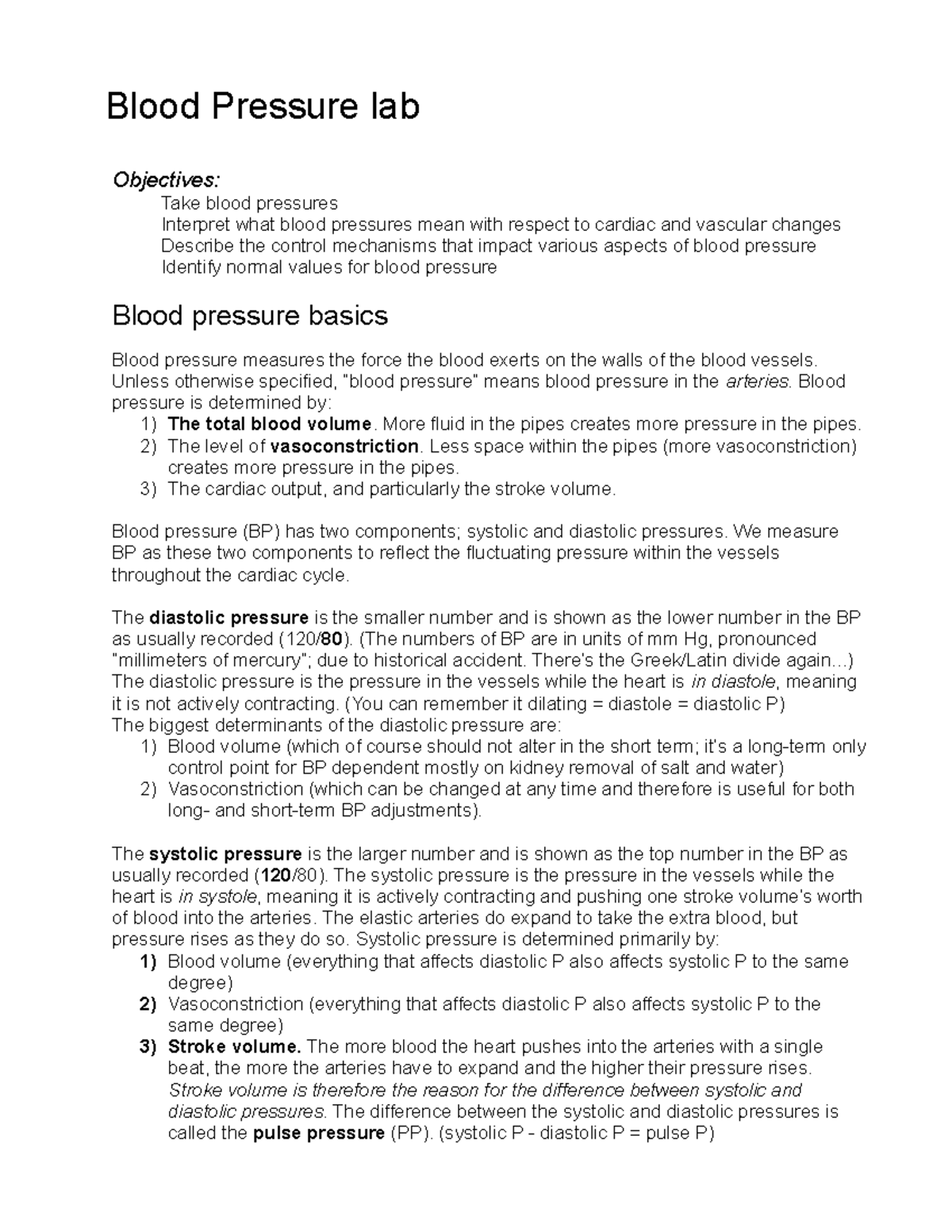 BP lab ex Lab Blood Pressure lab Objectives Take blood pressures