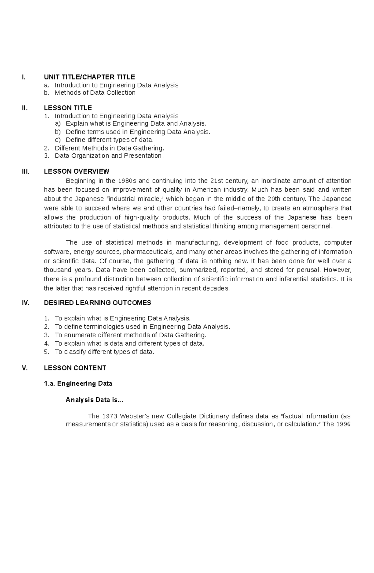 Introduction to Engineering Data Analysis - I. UNIT TITLE/CHAPTER TITLE ...