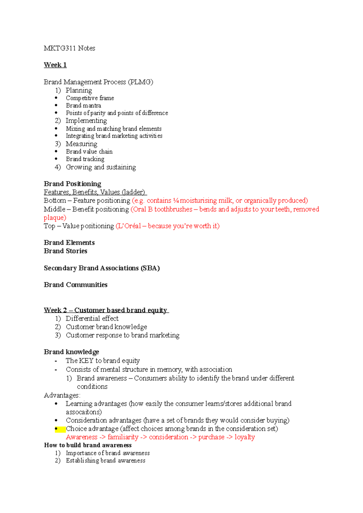 MKTG311 Notes - MKTG311 Notes Week 1 Brand Management Process (PLMG) 1 ...
