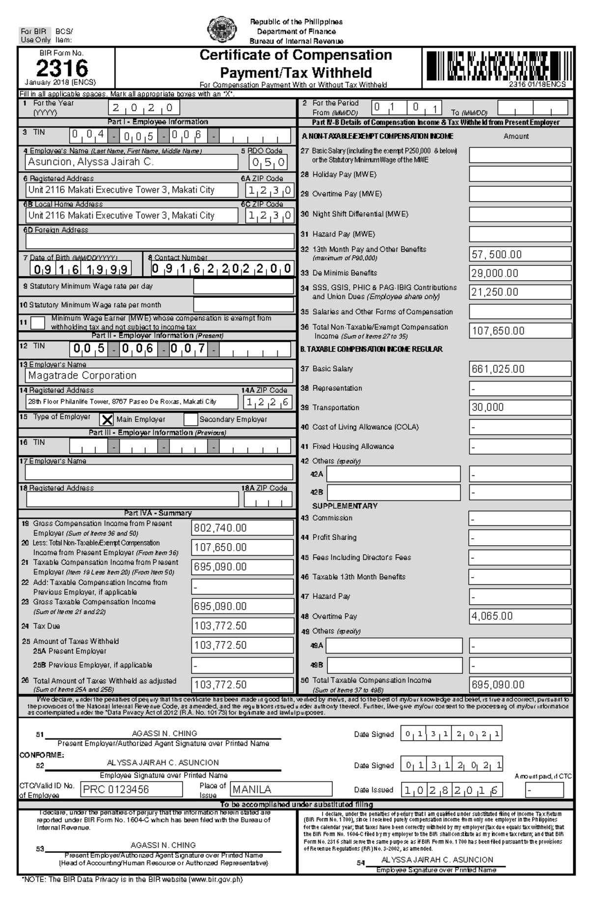 BIR Form 2316 - For Compensation Payment With or Without Tax Withheld ...