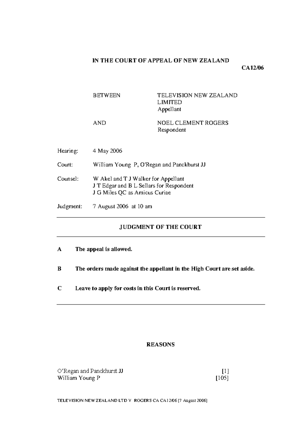 TVNZ v Rogers (abridged for tutorial 8) - IN THE COURT OF APPEAL OF NEW ...
