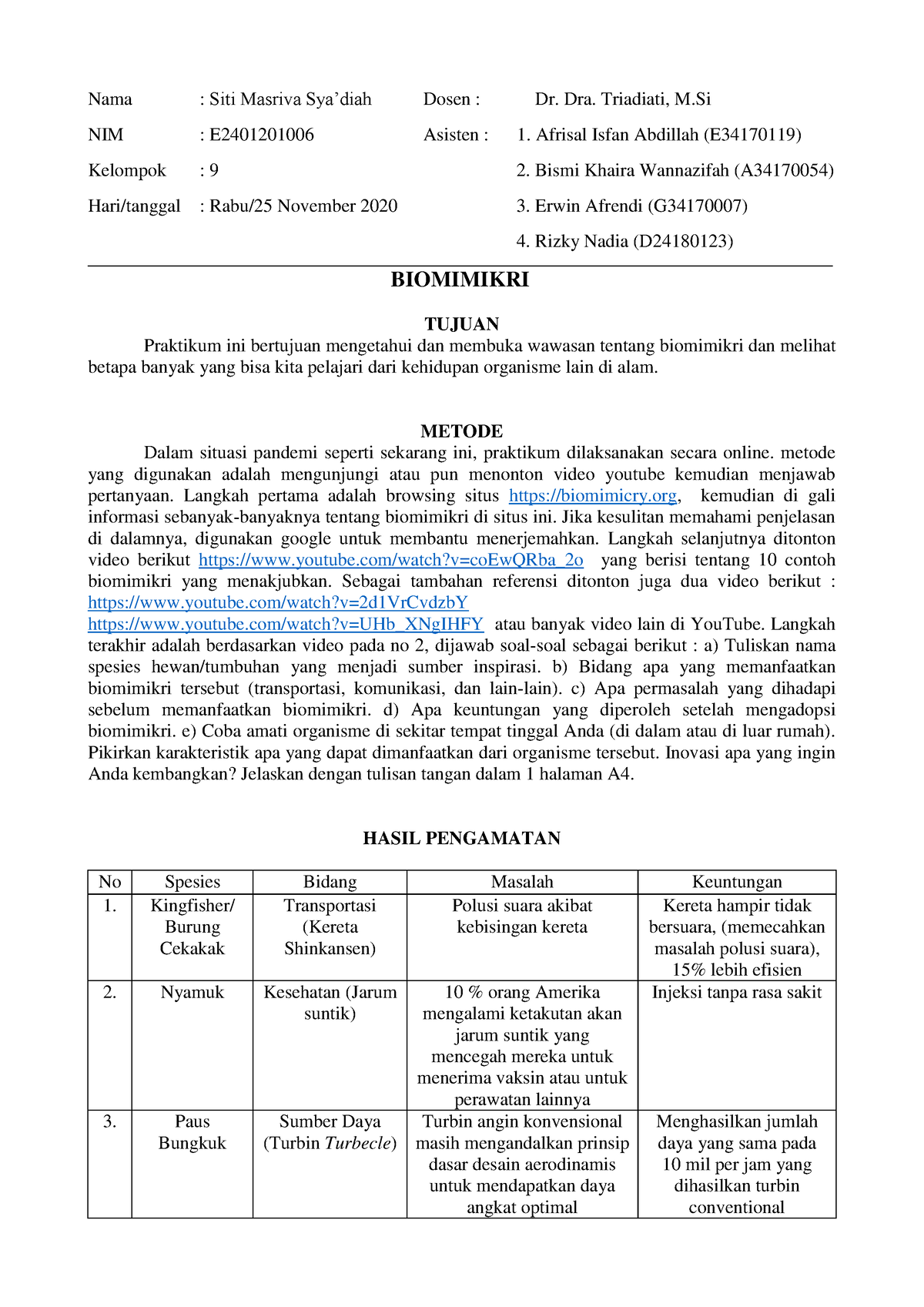 Laporan Praktikum Biologi Dasar Bio102 Biomimikri 2021 2022 Nama