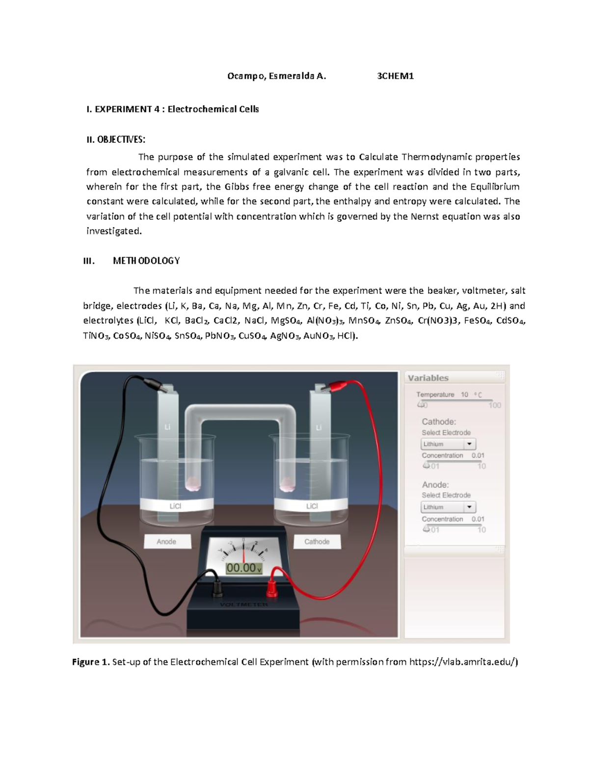 Experiment 4. Electrochemical Cells. Ocampo. 3CHEM1 - Ocampo, Esmeralda ...