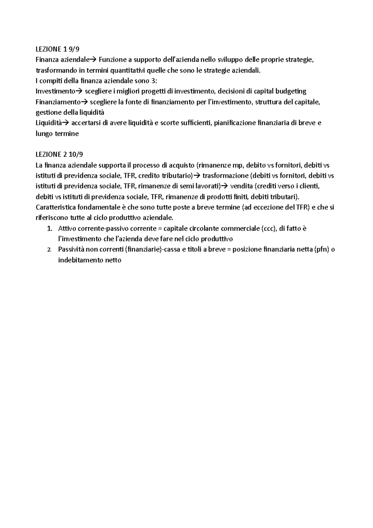 Finanza Aziendale - Lecture notes 1-2-3 - LEZIONE 1 9/ Finanza ...