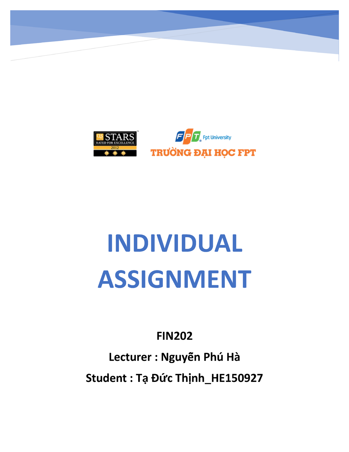 Tạ Đức Thịnh - HE150927 - FIN Individual - INDIVIDUAL ASSIGNMENT FIN ...