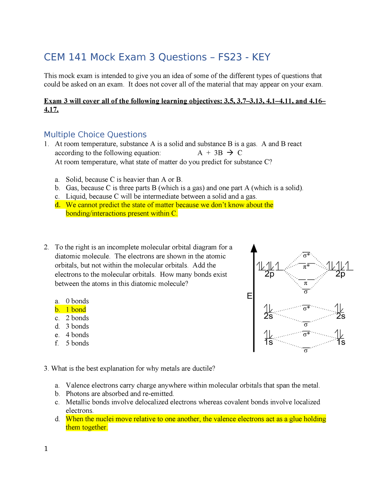 FS23 141 Mock Exam 3 KEY - Cem 141 Mock Exam Key - CEM 141 Mock Exam 3 ...