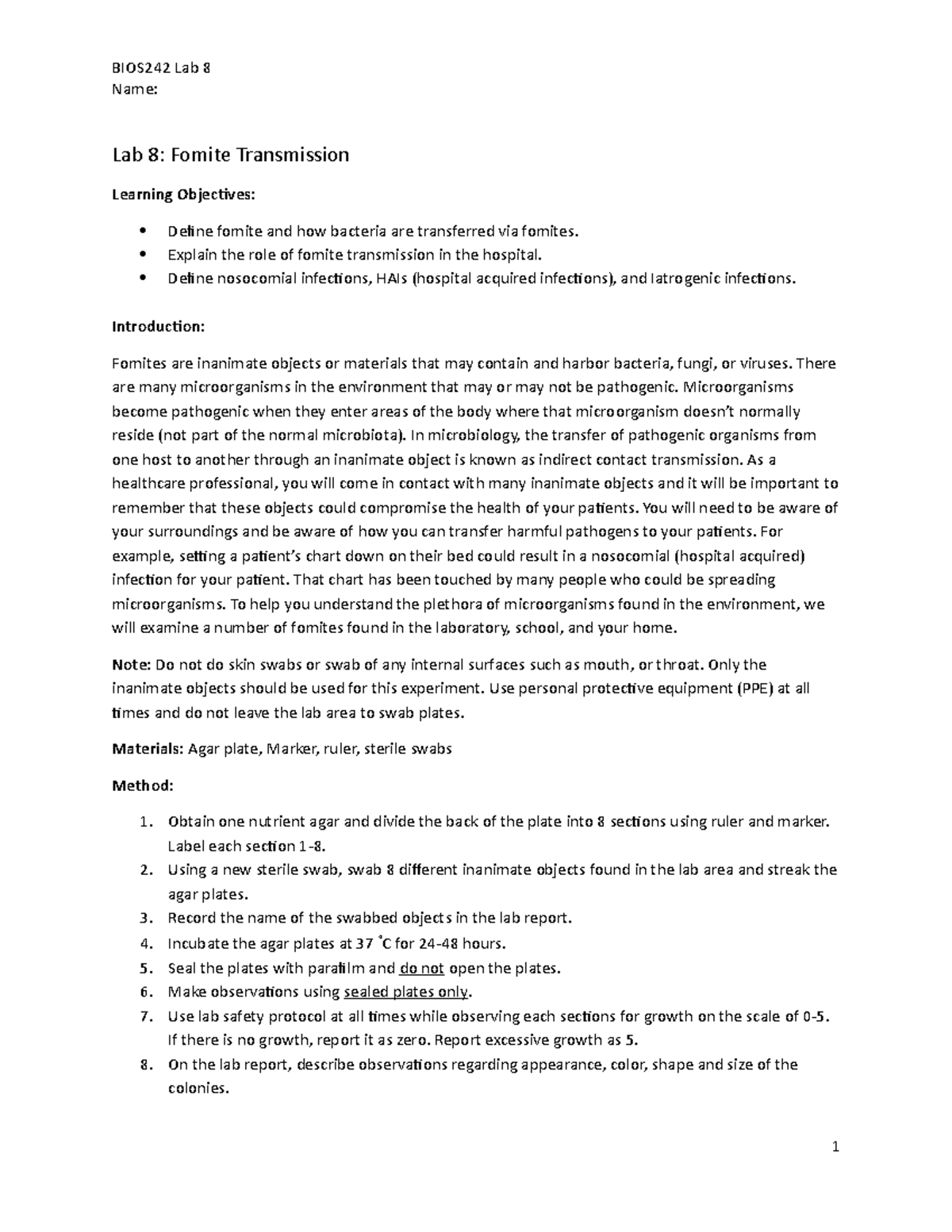 BIOS242 Week 4 Lab 8 Fomite Transmission - Name: Lab 8: Fomite ...