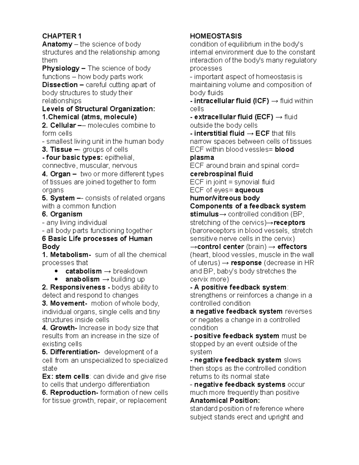 Bio note 1-10 - CHAPTER 1 Anatomy – the science of body structures and ...