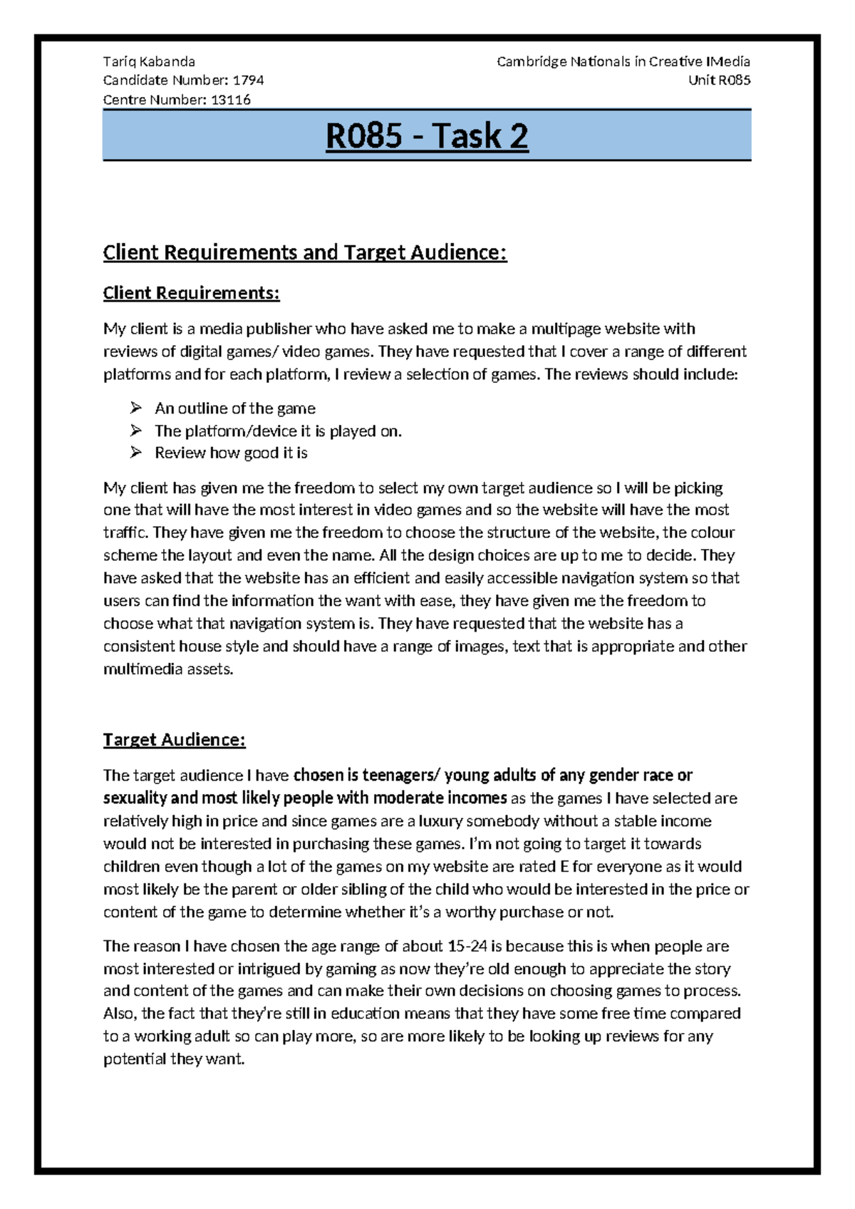 R085 Task 2 - R085 Task 2 full assigment - Tariq Kabanda Cambridge ...
