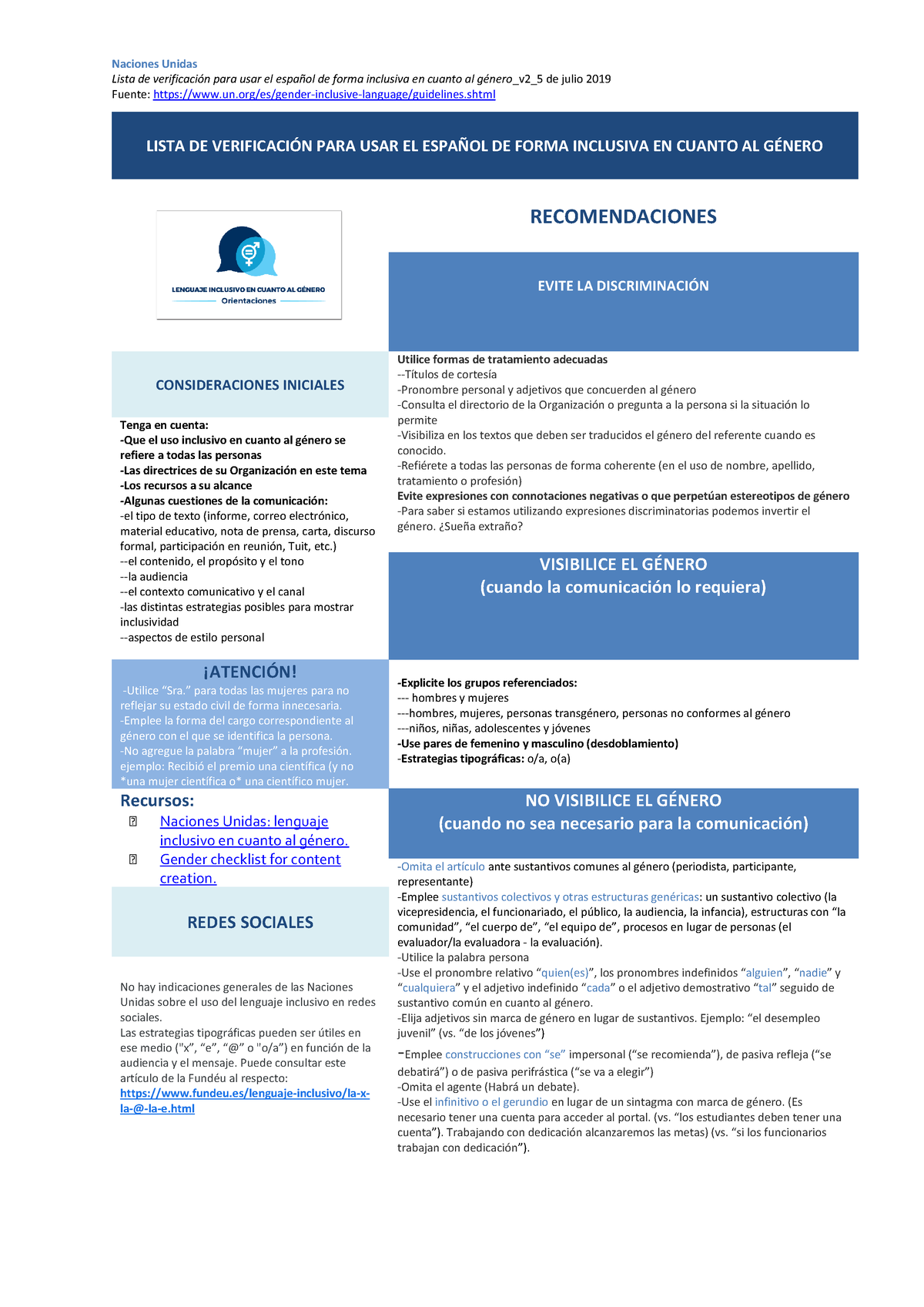 Uso Del Español Inclusivo En Cuanto Al Género V2 Naciones Unidas Lista De Verificación Para