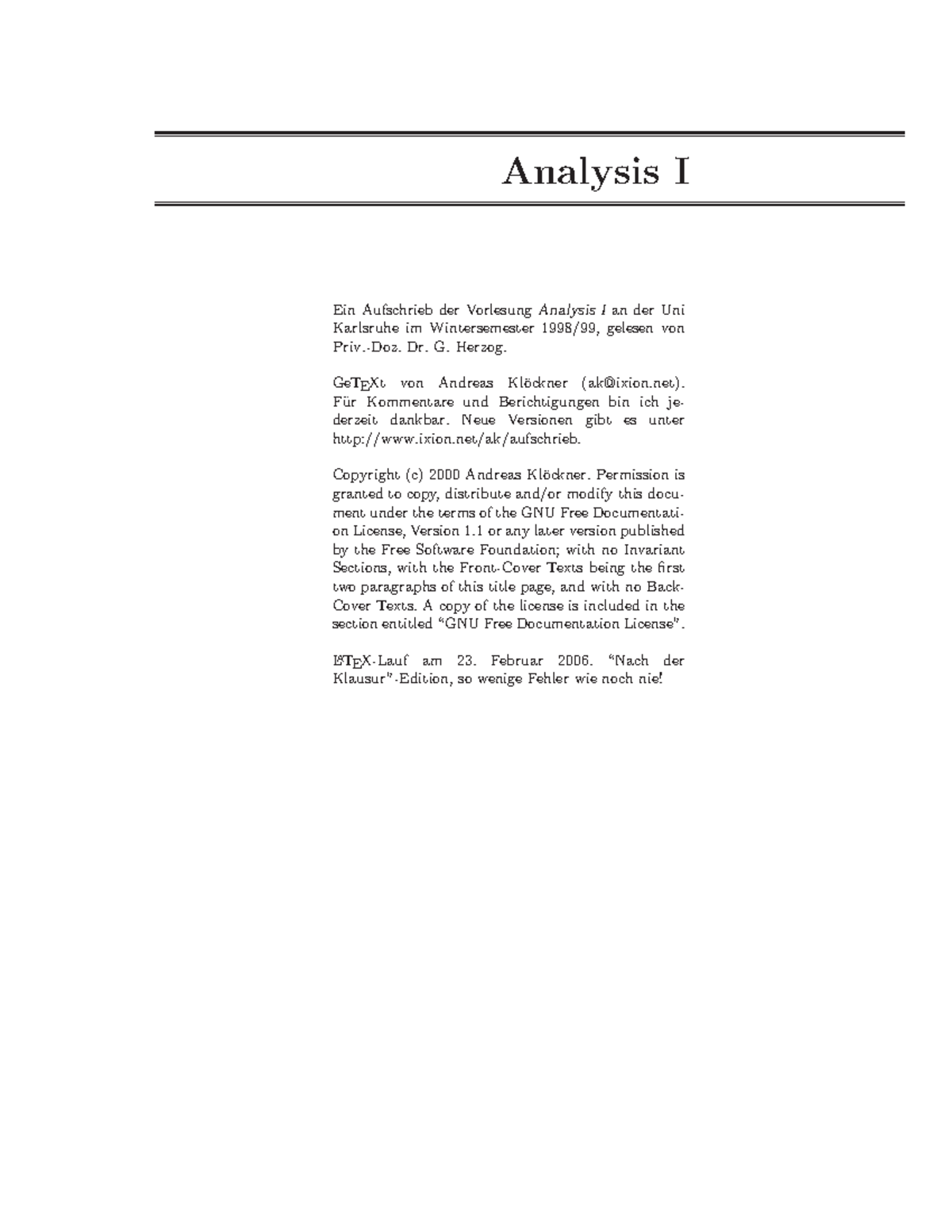 Analysis 1 Zusammenfassung - Analysis I Ein Aufschrieb Der Vorlesung ...