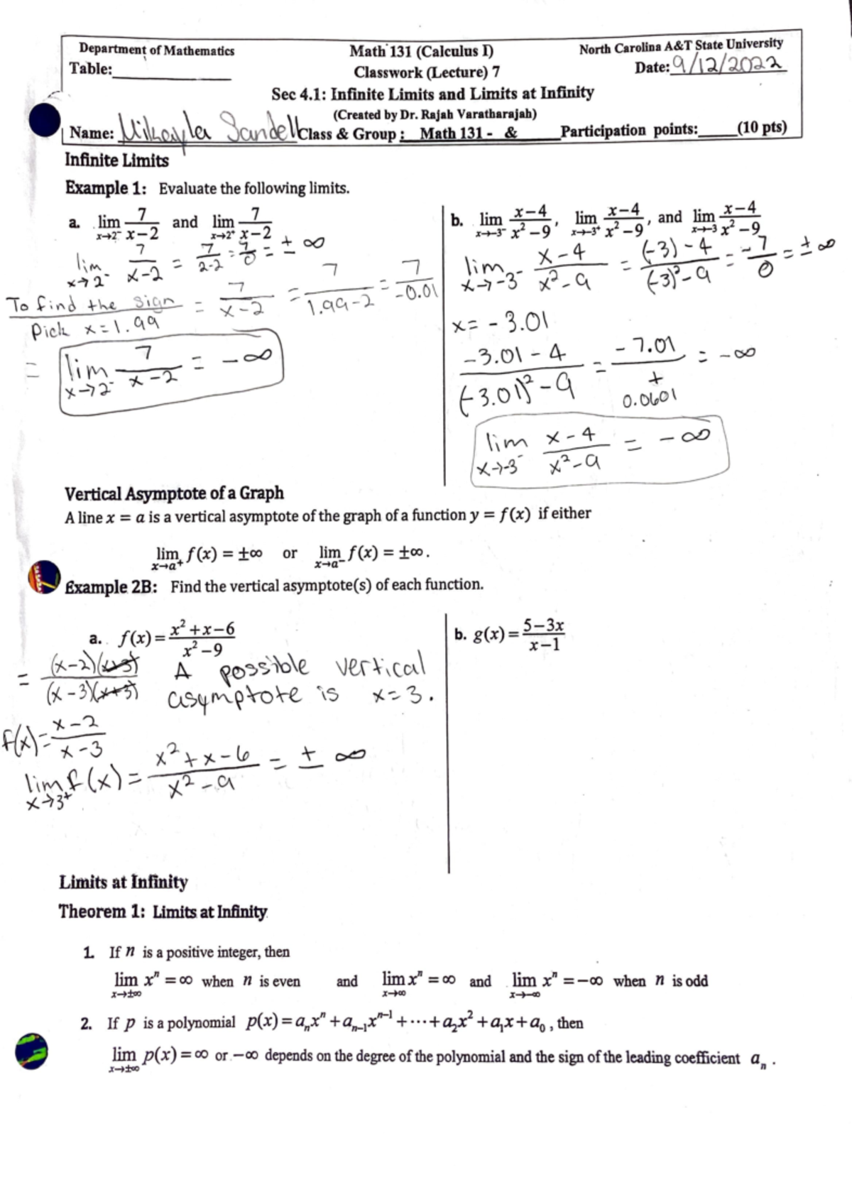 4.1 Infinite Limits and Limits at Infinity - Department of Mathematics ...