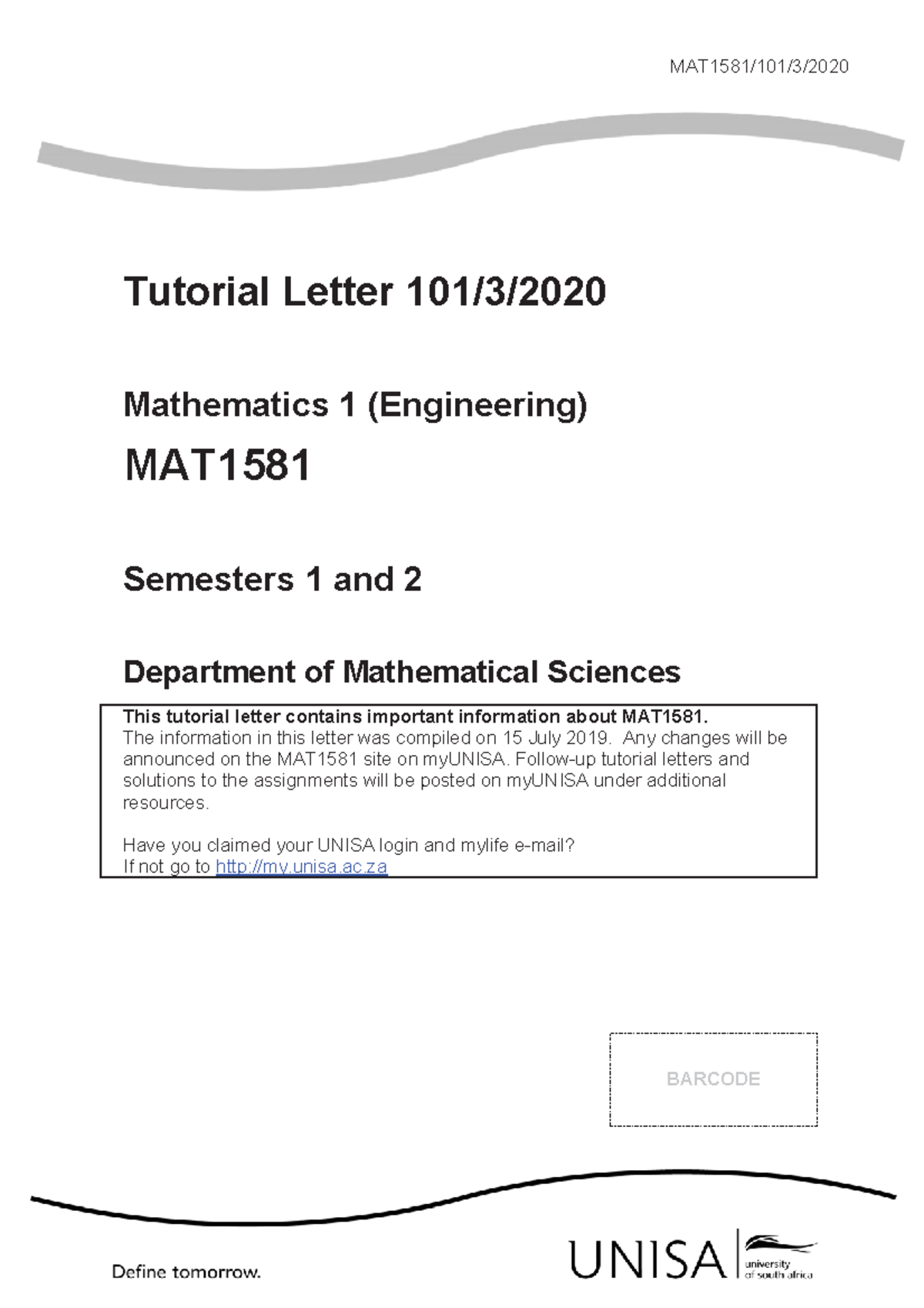 MAT1581 - Assignment 3 (P20 Study Guide 001) - MAT1581/101/3/ Tutorial ...