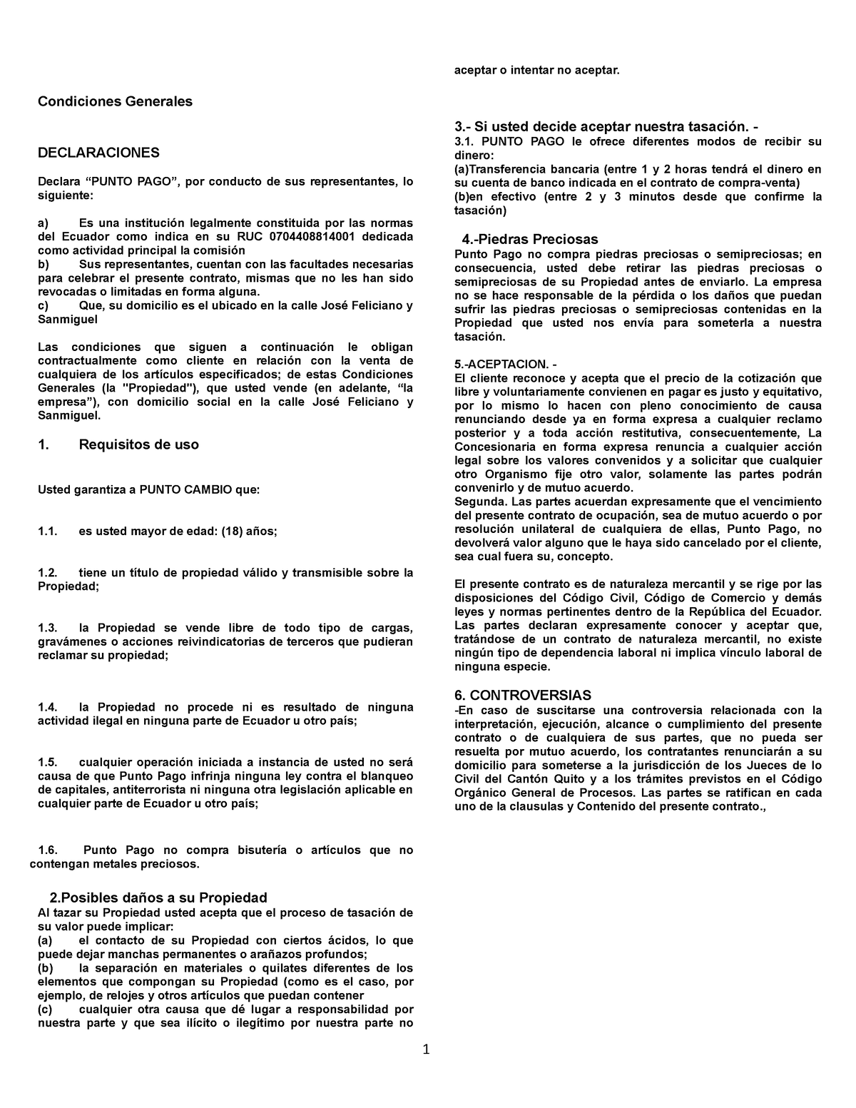 Ejemplo De Contratos Civil Condiciones Generales Declaraciones Declara “punto Pago” Por 5359