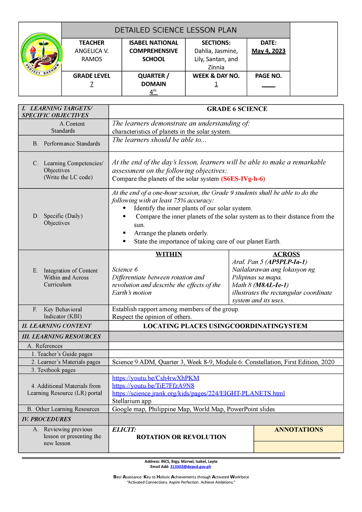 ELEM-DEMO- Ranking - N/A - DETAILED SCIENCE LESSON PLAN TEACHER ...