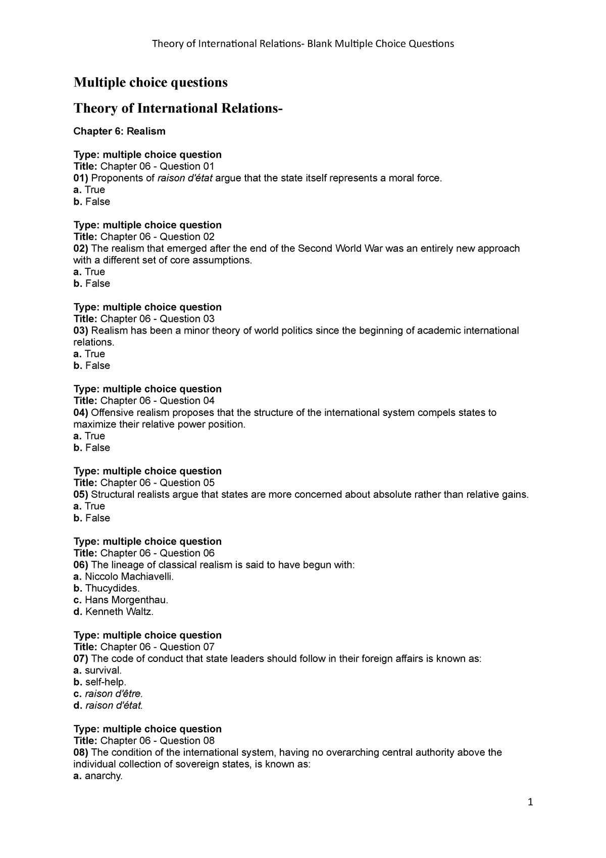 Multiple Choice Questions Test Sheet Copy Theory Of International 