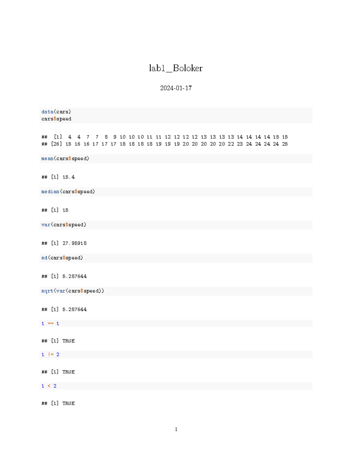 Lab1 This is the first lab lab1_Boloker 202401 data(cars) cars