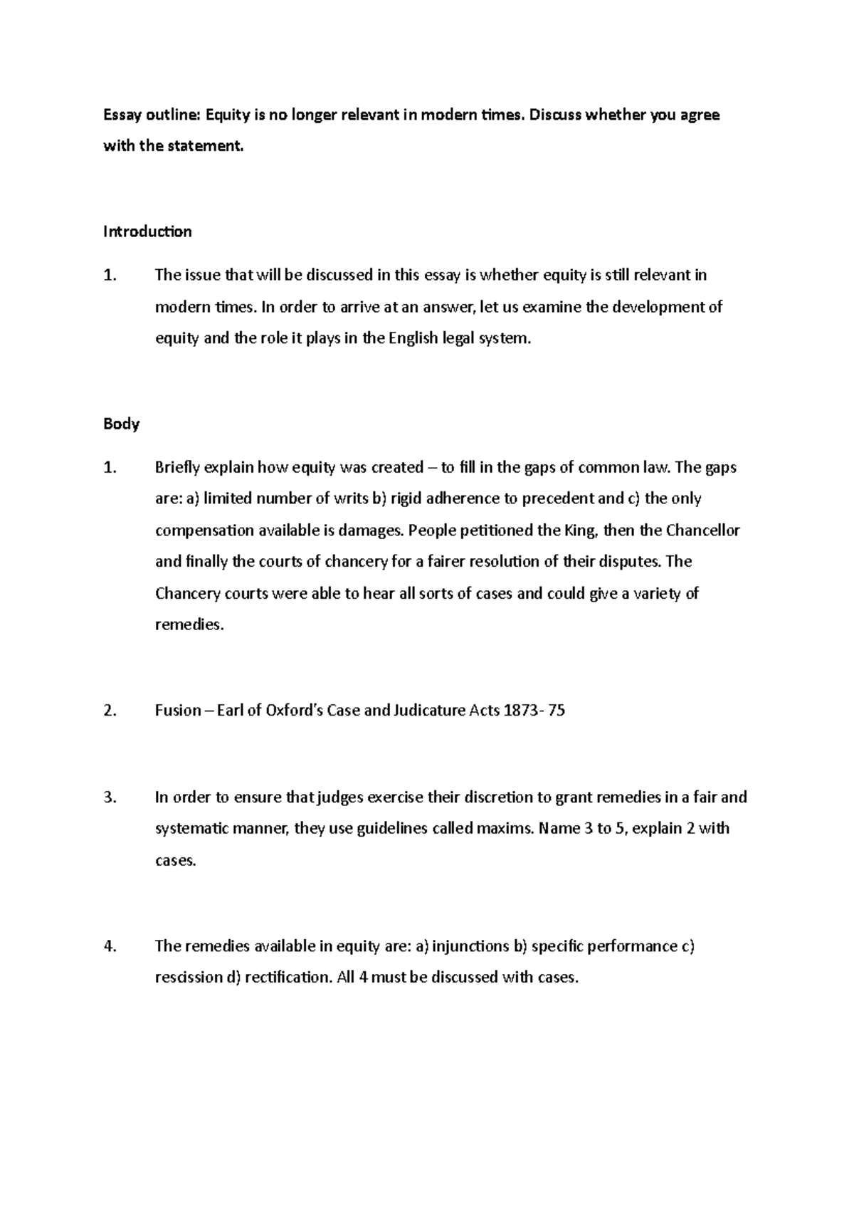 Essay outline - Law of Contract ( Practise materials ) - Essay outline ...