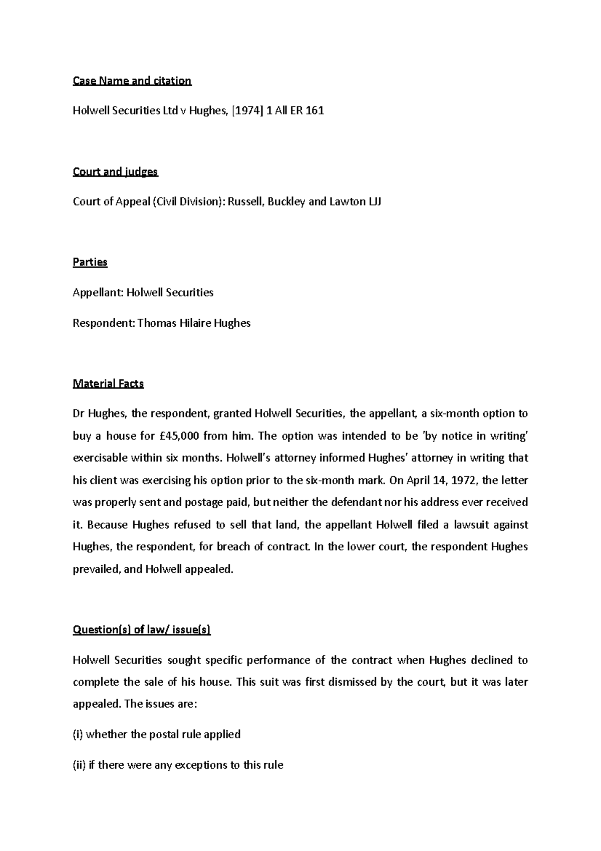 ContractCase note Coursework answer Case Name and citation Holwell