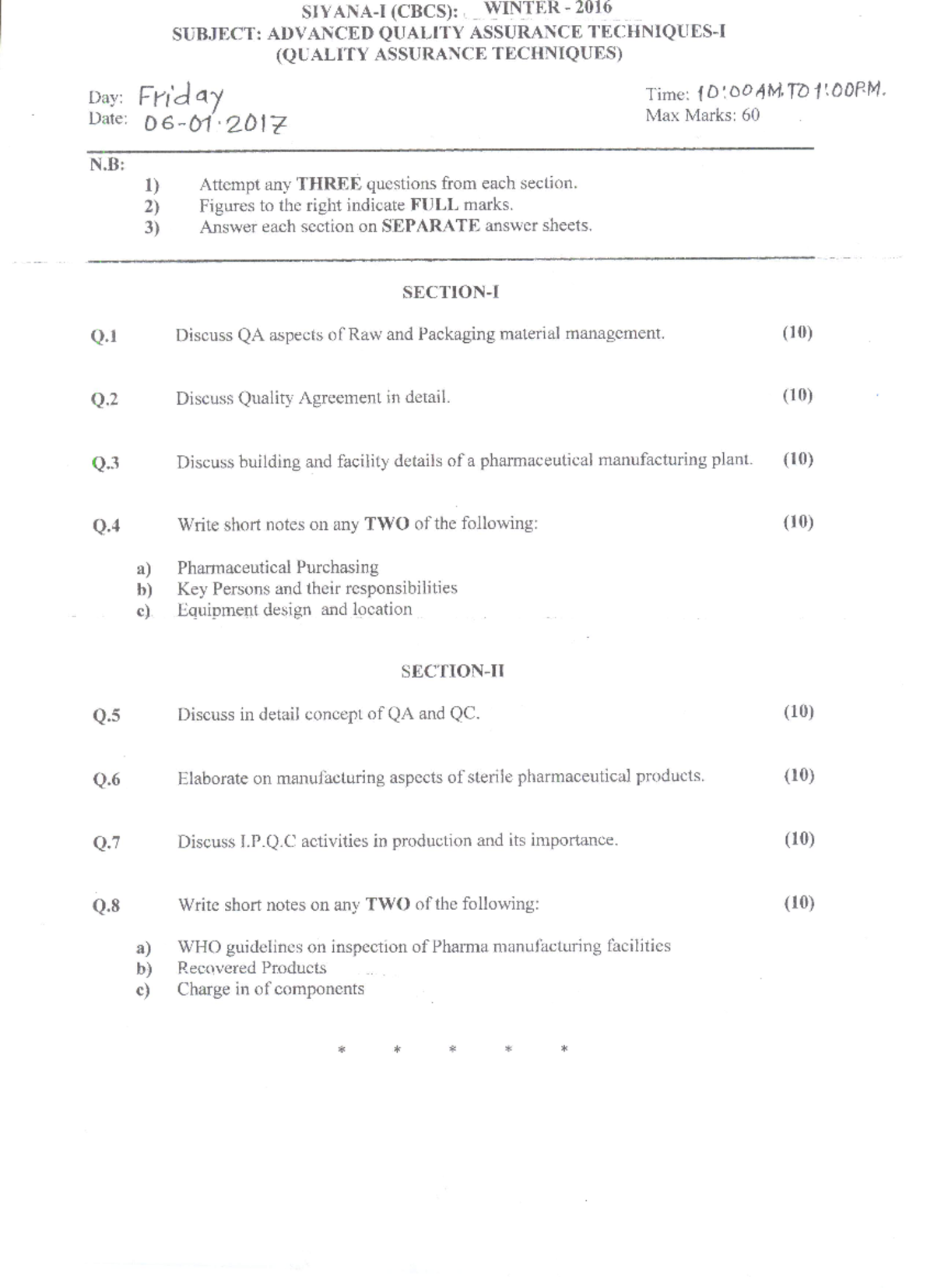 QA Sem I Oct 2016 question paper - Biotechnology - Studocu