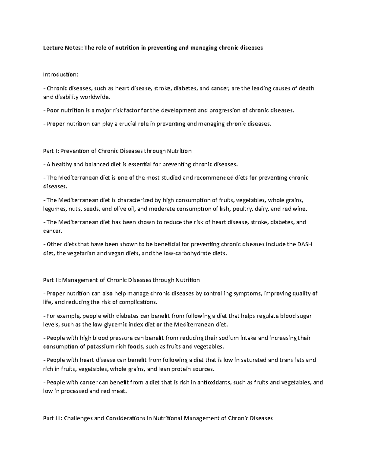 Lecture Notes: The role of nutrition in preventing and managing chronic ...