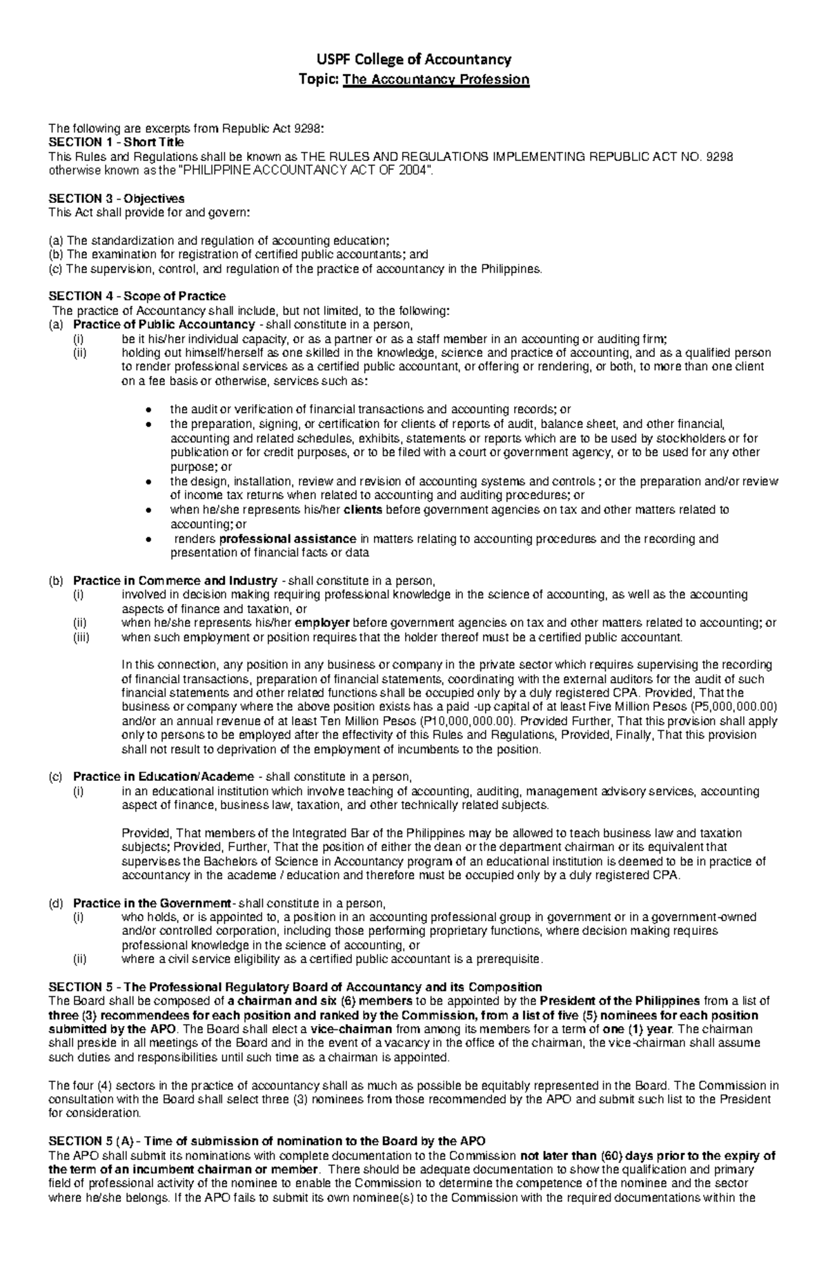 Lecture Notes Ra 9298 - Uspf College Of Accountancy Topic: The 