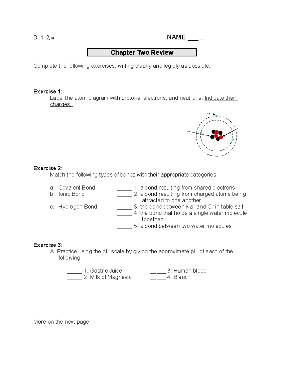 BI112 Chapter Two Review - BI 112, 19 NAME ___ Chapter Two Review ...