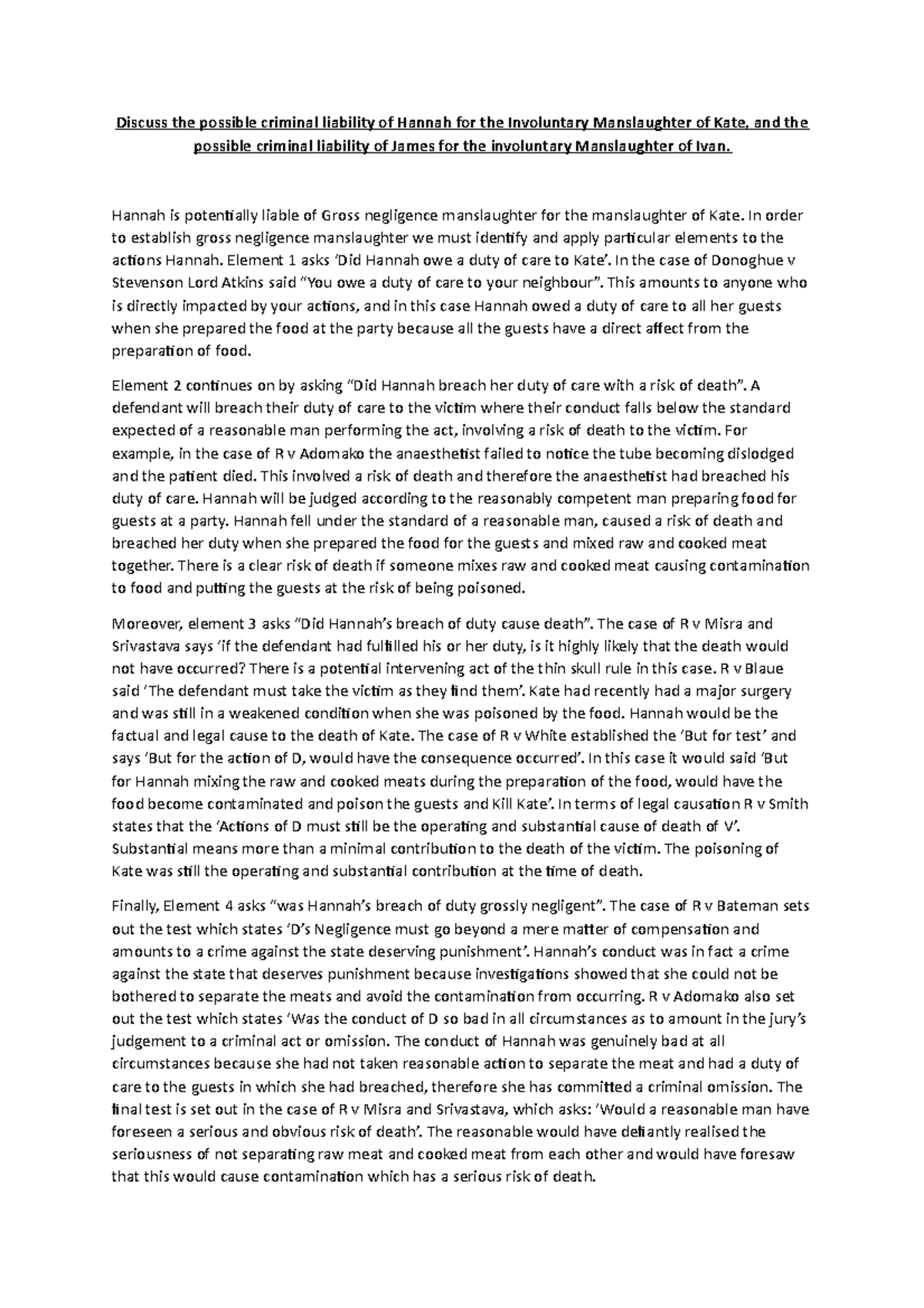 Gross negligence manslaughter & Unlawful act manslaughter essay