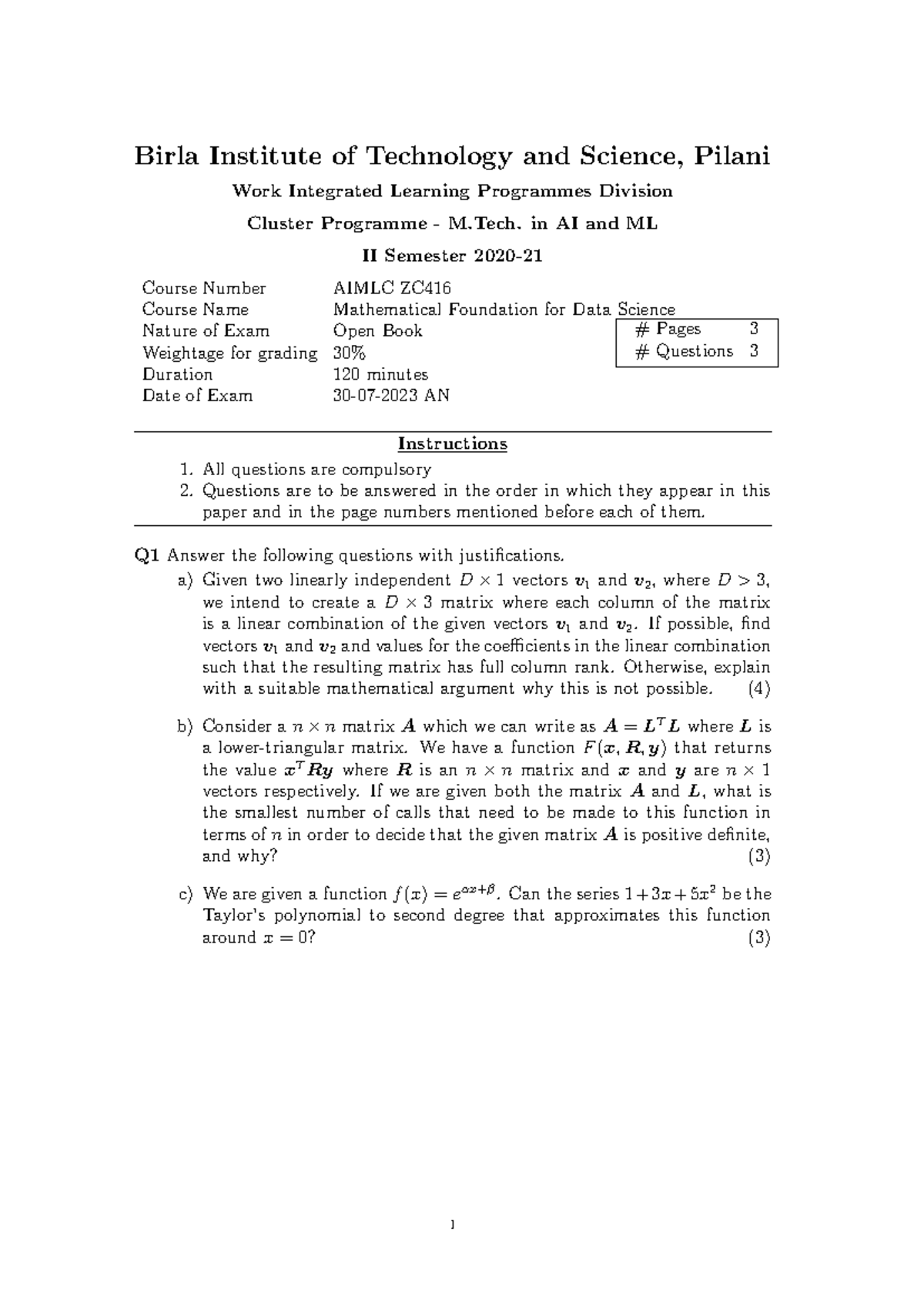Maths-q - Summary AIML_MFML Mid semester Assignment - Birla Institute ...