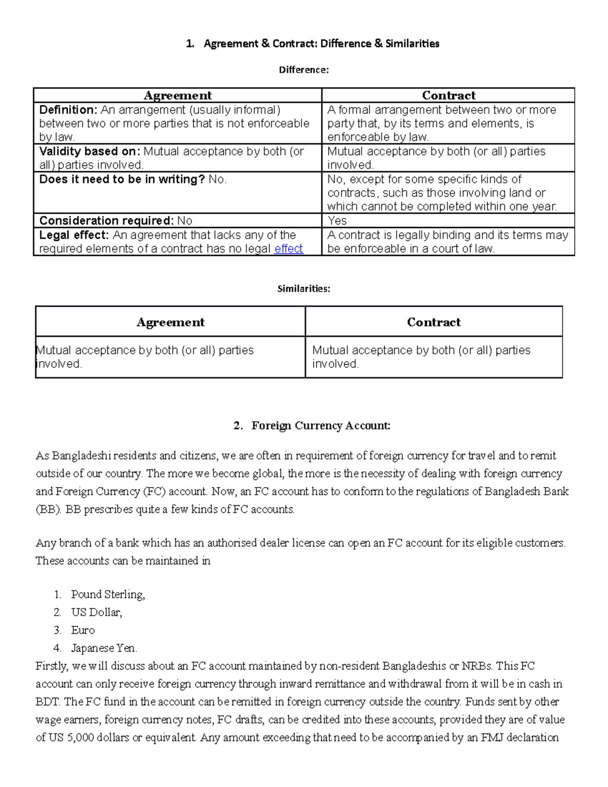 Important Short Notes BC 1. Agreement & Contract Difference