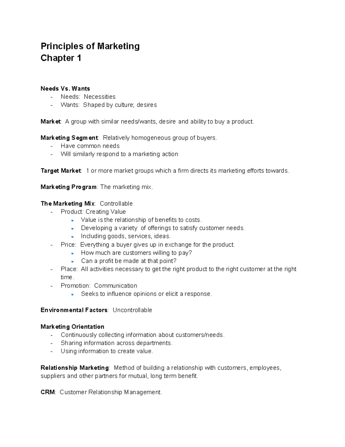 Princip. Marketing Notes - Principles of Marketing Chapter 1 Needs Vs ...