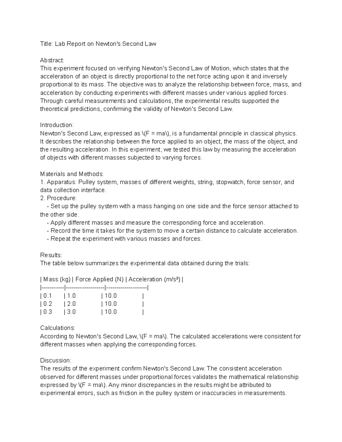 Title Lab Report On Newton's Second Law - Title: Lab Report On Newton's ...