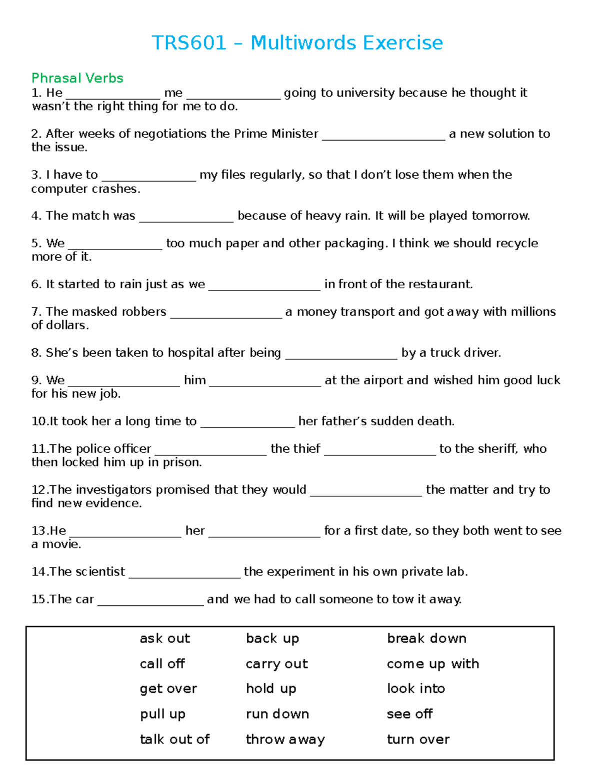 TRS 601-Multiwords-Worksheet - TRS601 – Multiwords Exercise Phrasal ...