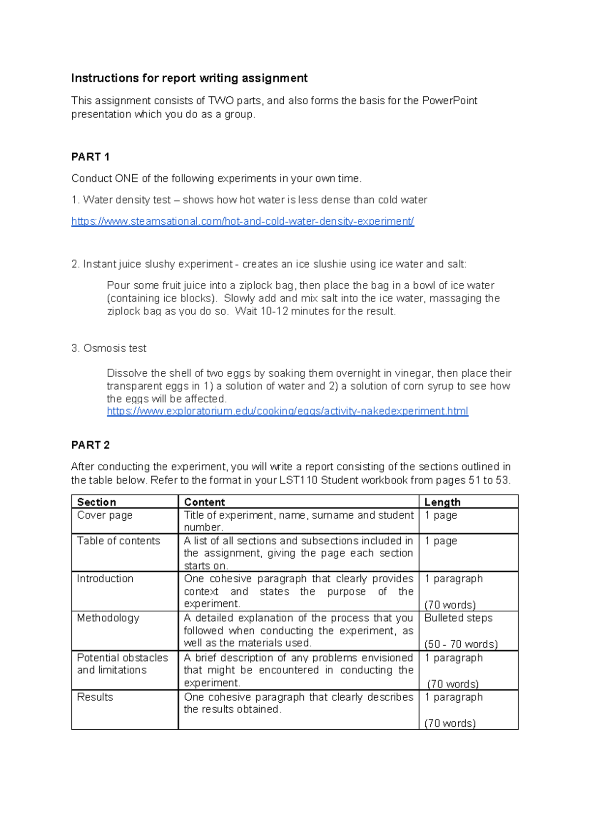 LST 110 - Instructions for report writing assignment - Instructions for ...