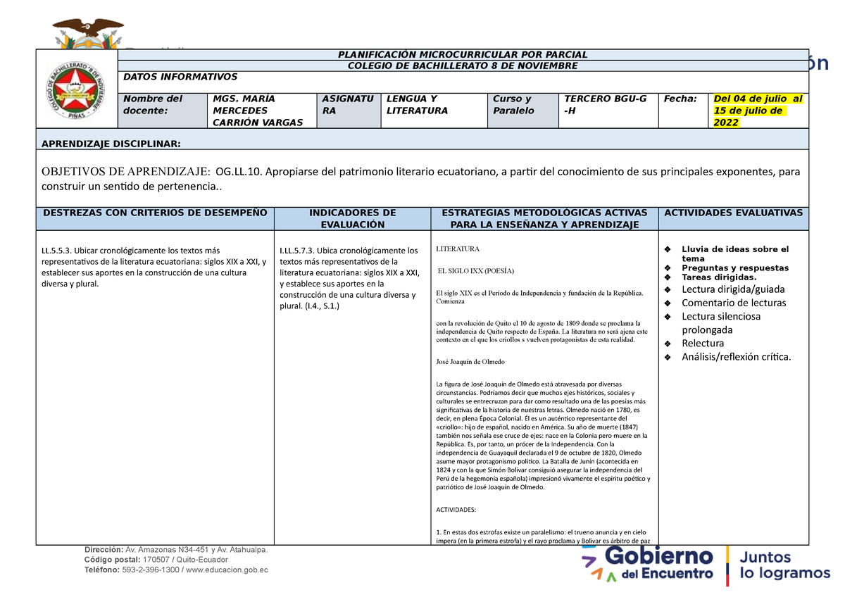 Planificaci N Microcurricular Por Parcial Planificaci N Microcurricular Por Parcial Colegio De