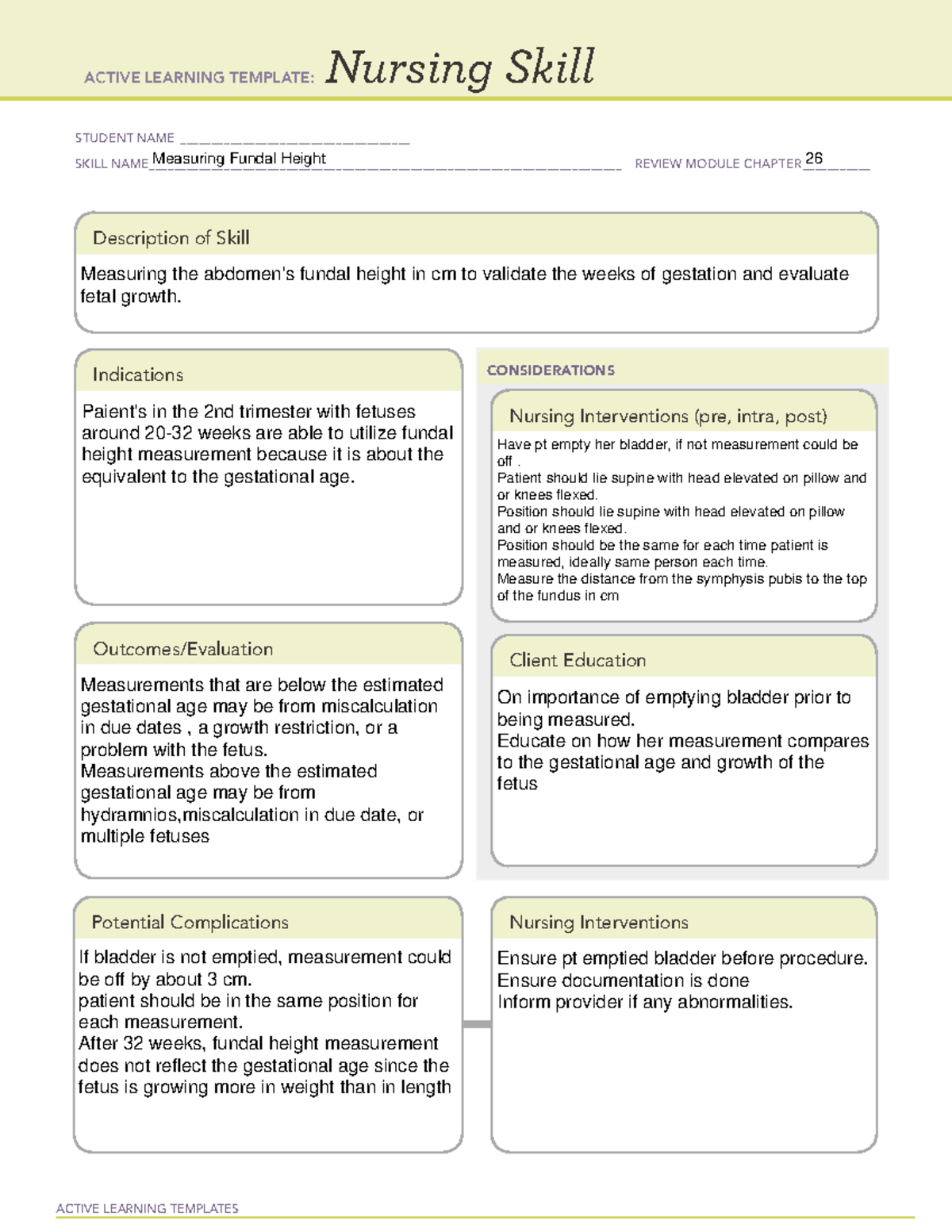Measuring Fundal Height Nursing Skill Ch 26 ACTIVE LEARNING TEMPLATES