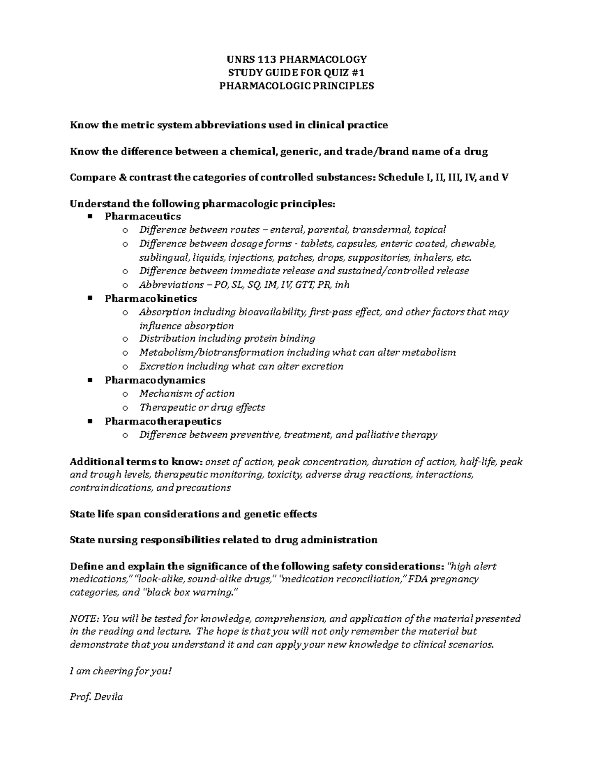 1 - Quiz 1 Study Guide - Lecture notes 3 - UNRS 113 PHARMACOLOGY STUDY ...