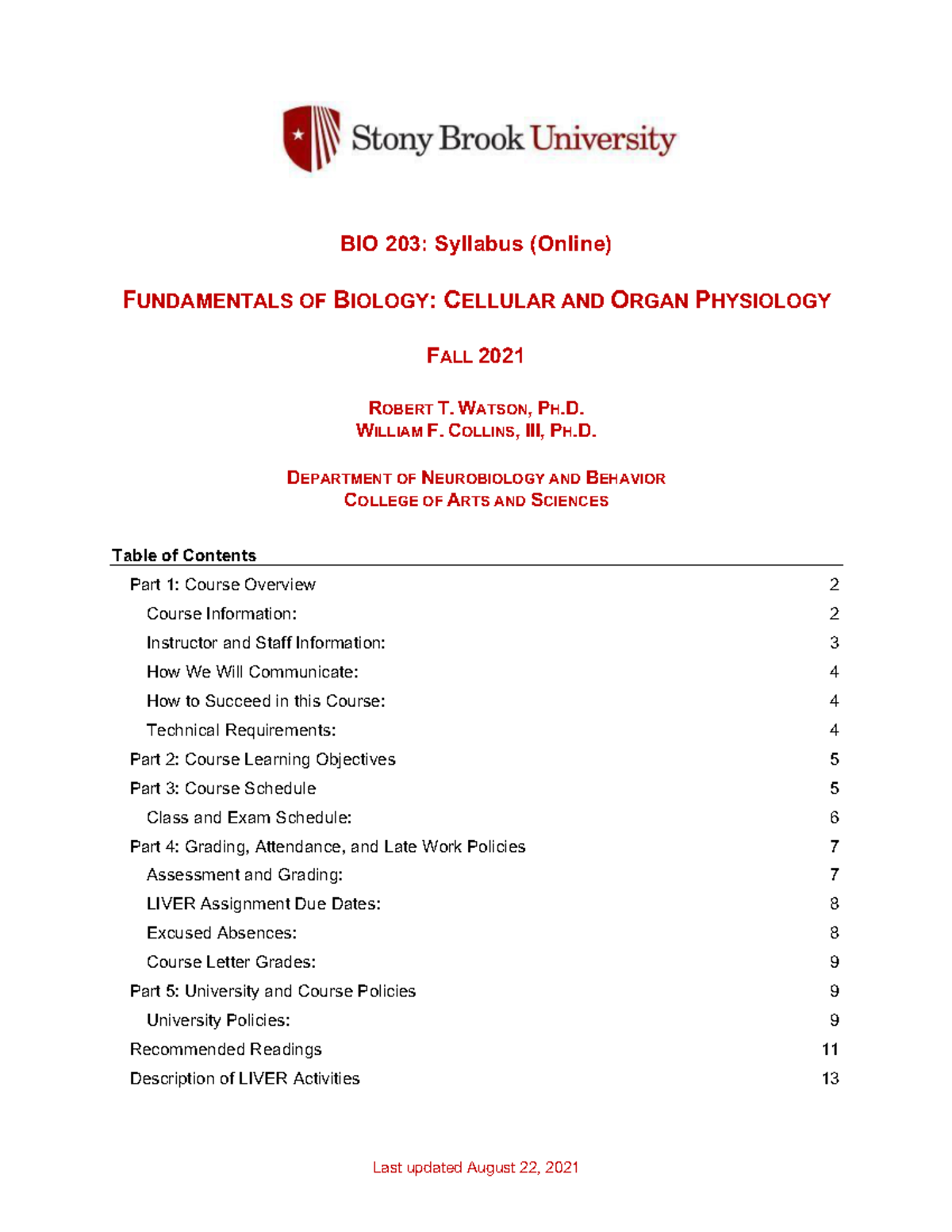 BIO203 Syllabus Fall2021 Last updated August 22, 2021 BIO 203
