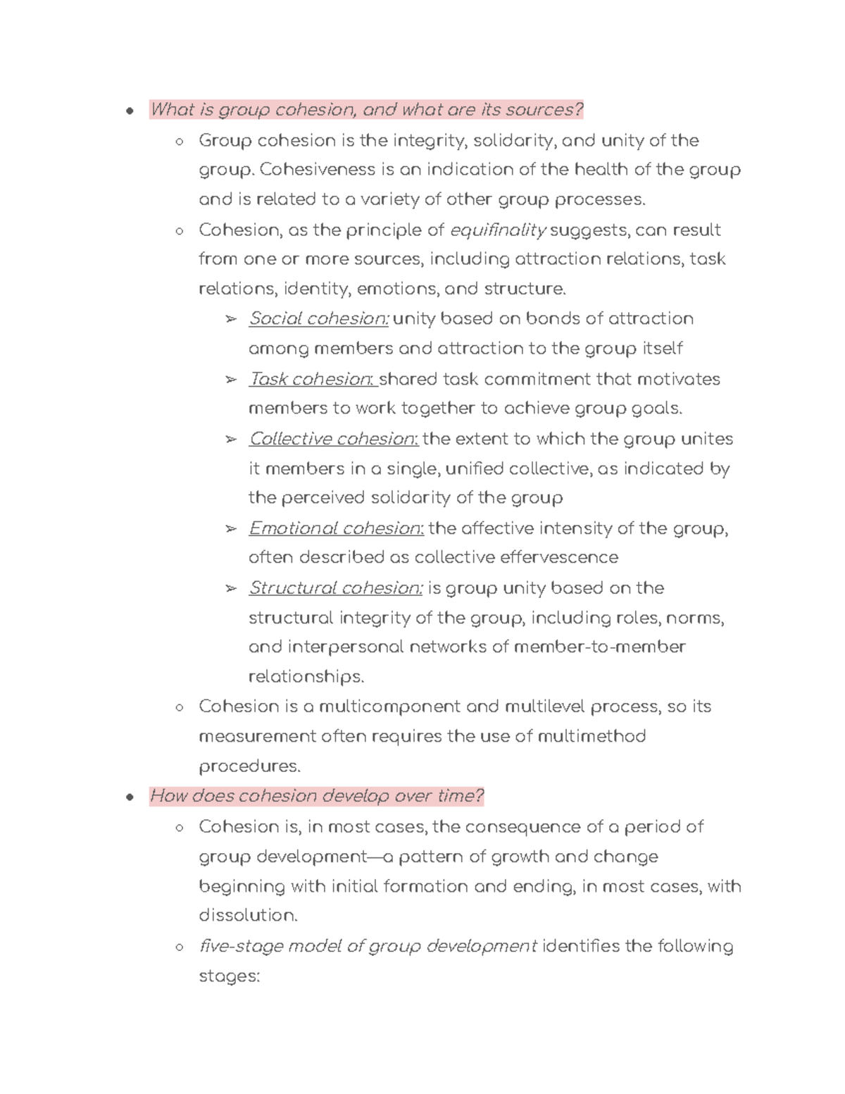 PSYC 405-chapter 5 - BOOK NOTES - What is group cohesion, and what are ...