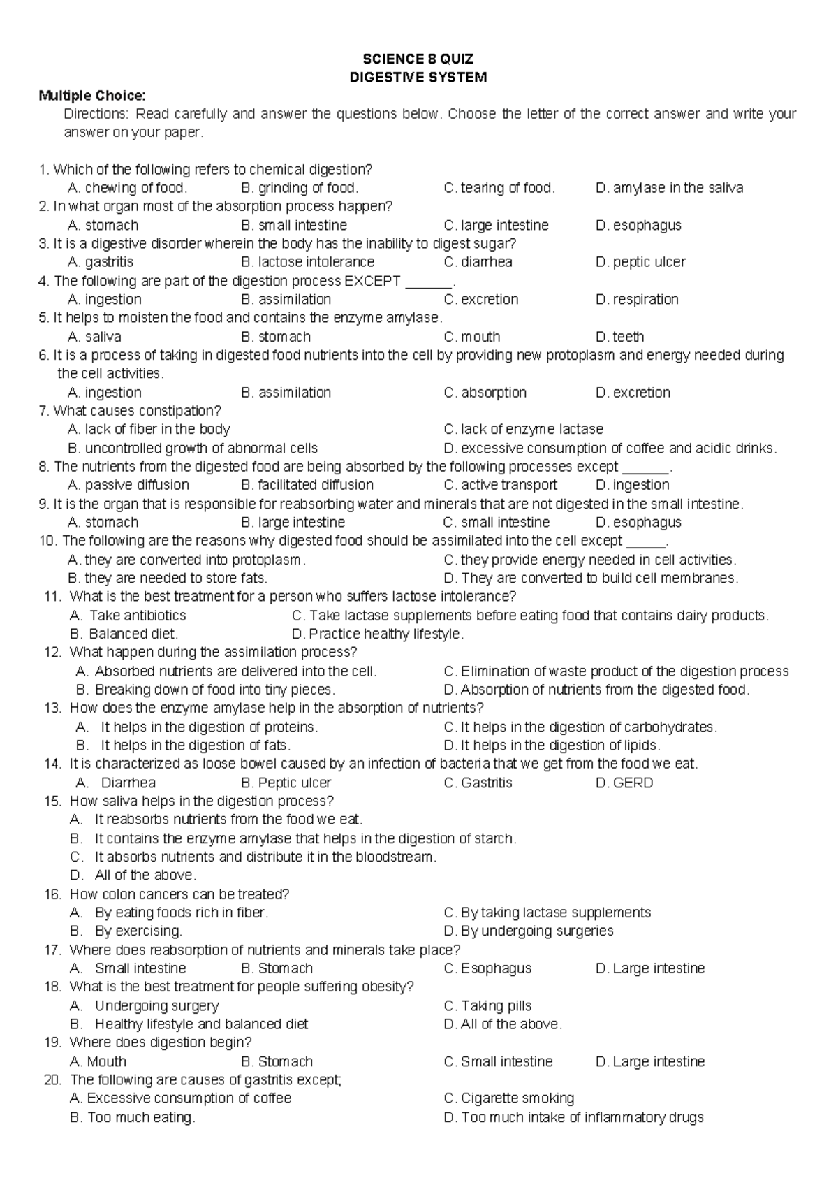 Science 8 QUIZ digestive system SCIENCE 8 QUIZ DIGESTIVE SYSTEM