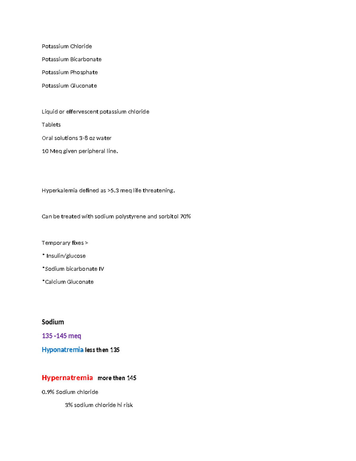 Electrolyltes electrolyte notes Potassium Chloride Potassium