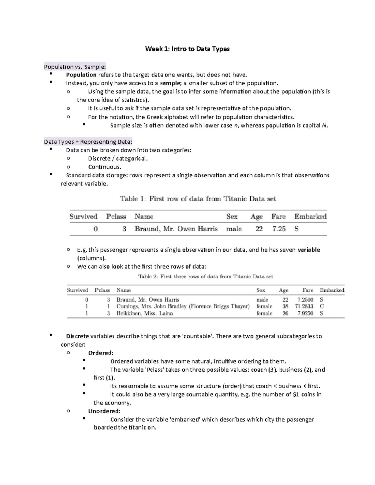 Stats 2B03 Notes - Week 1: Intro to Data Types Population vs. Sample ...