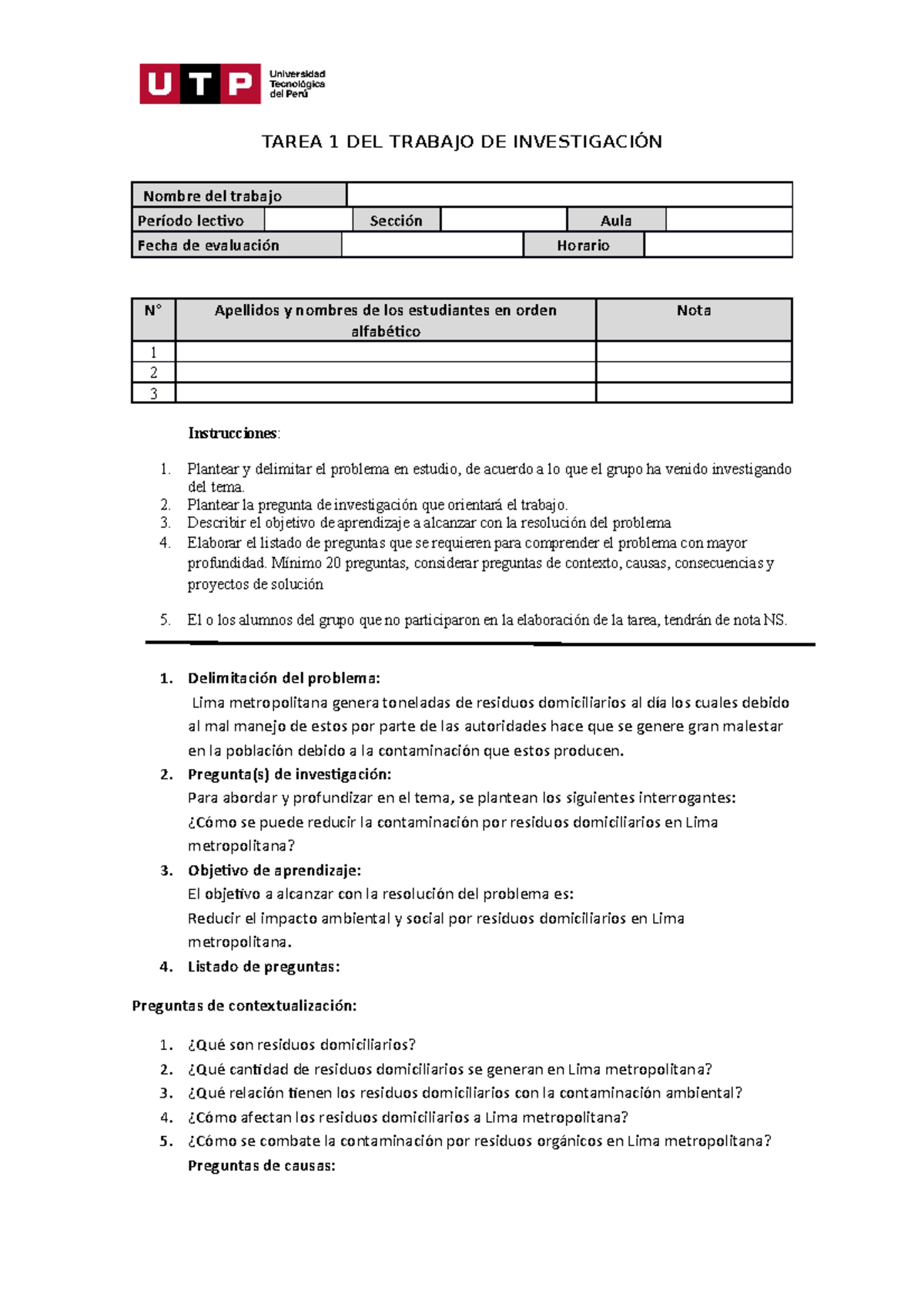 TA1 - lista de preguntas - TAREA 1 DEL TRABAJO DE INVESTIGACIÓN Nombre ...