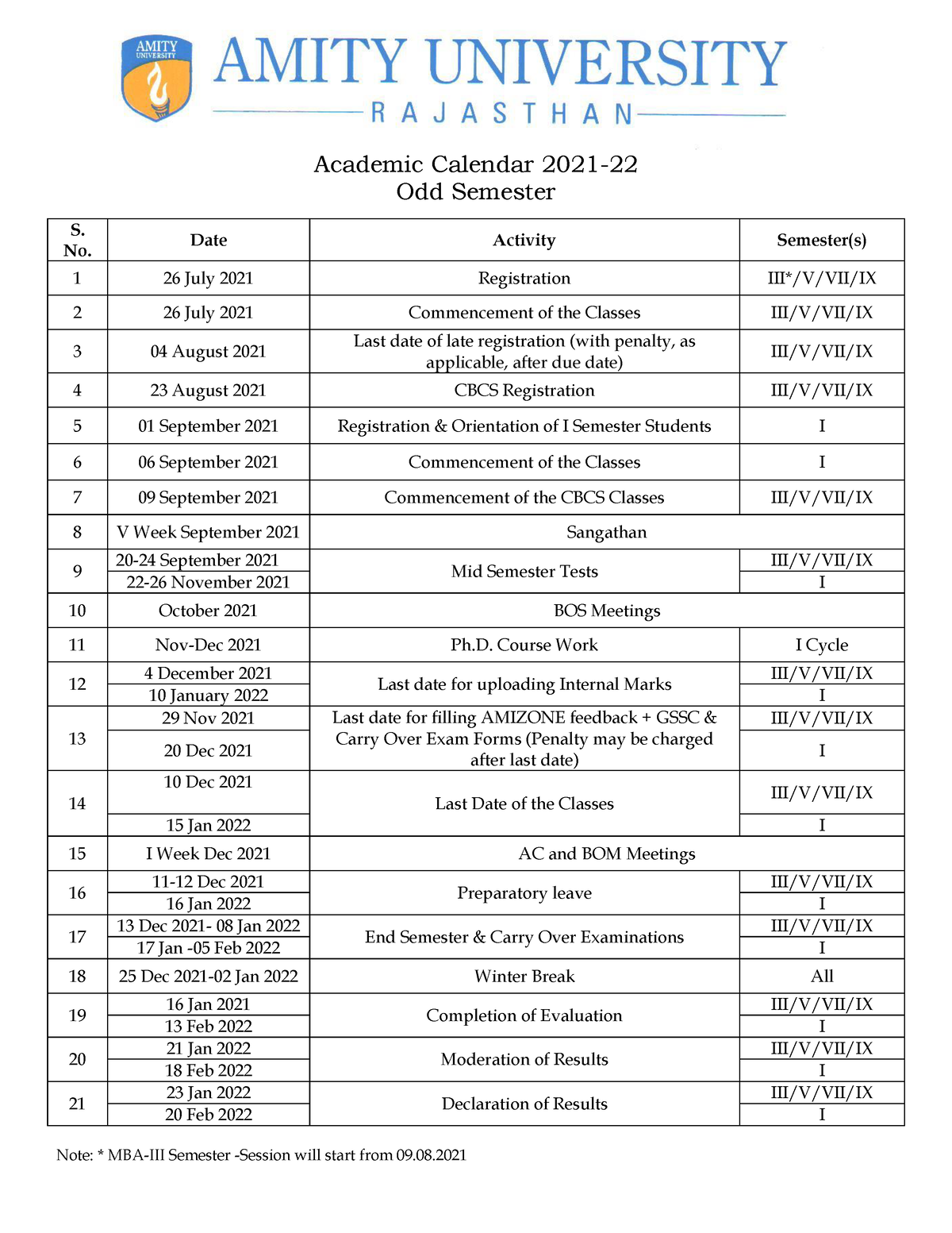 Academic calendar 2021 22 Academic Calendar 2021 Odd Semester Note