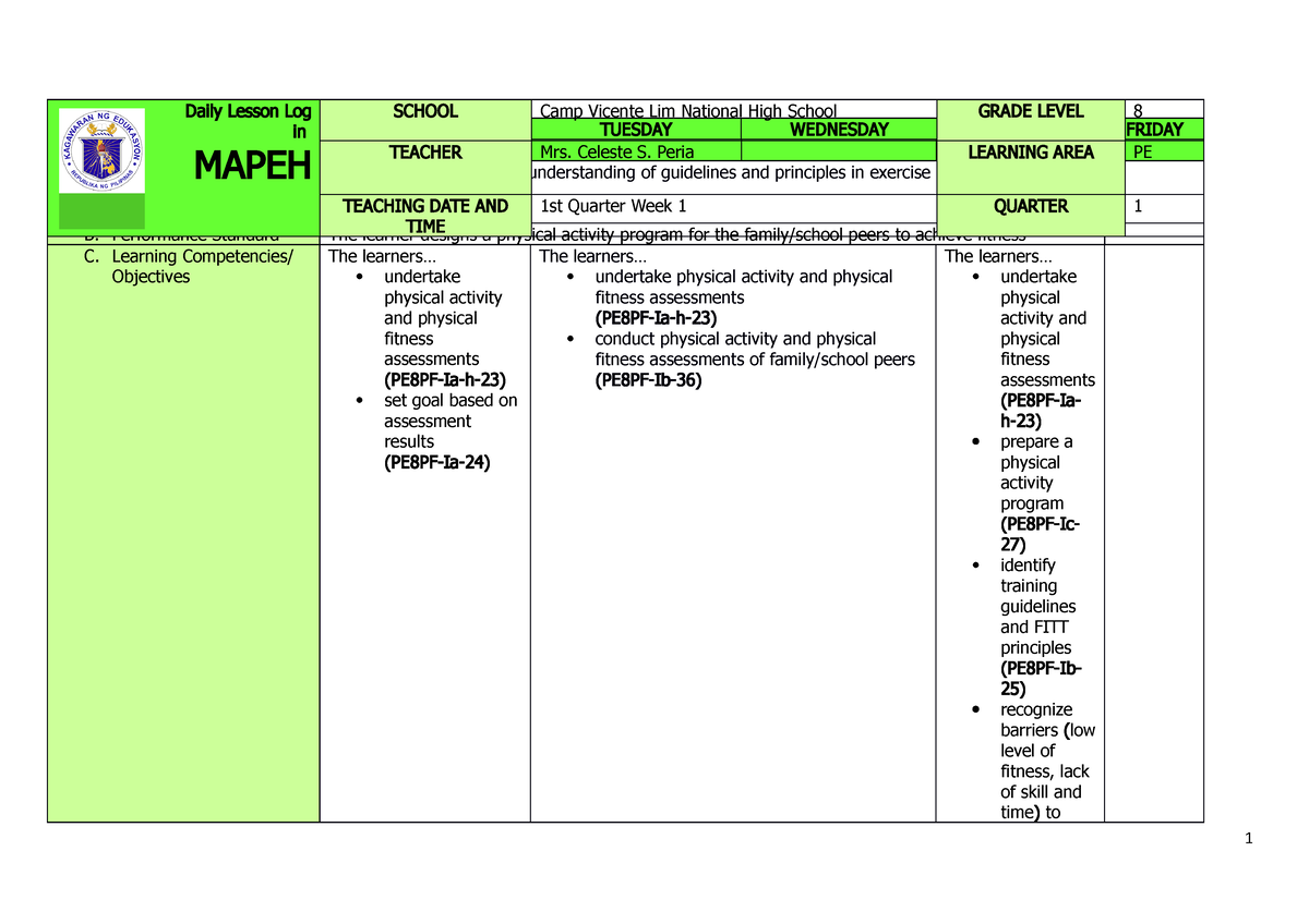 Q1 Grade 8 PE DLL Week 1 - MONDAY TUESDAY WEDNESDAY THURSDAY FRIDAY I ...