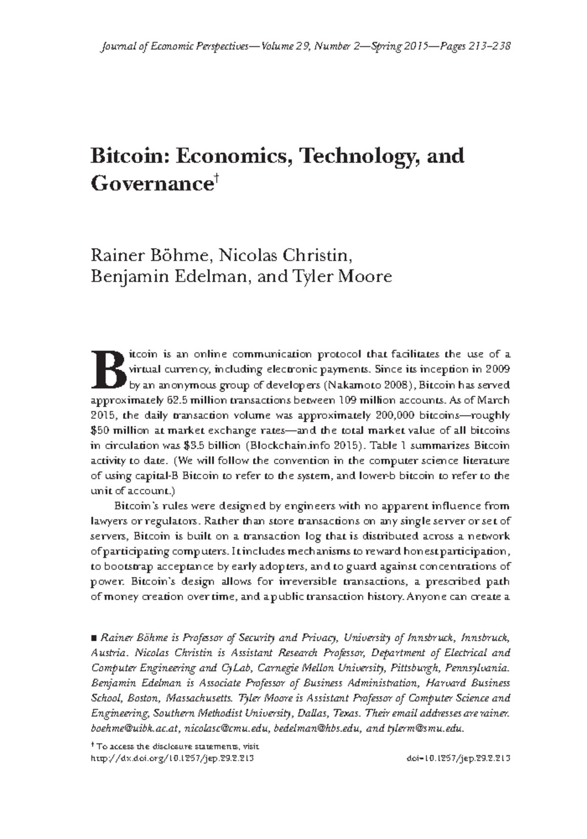 Reading 3 Bitcoin - Journal of Economic Perspectives—Volume 29, Number ...
