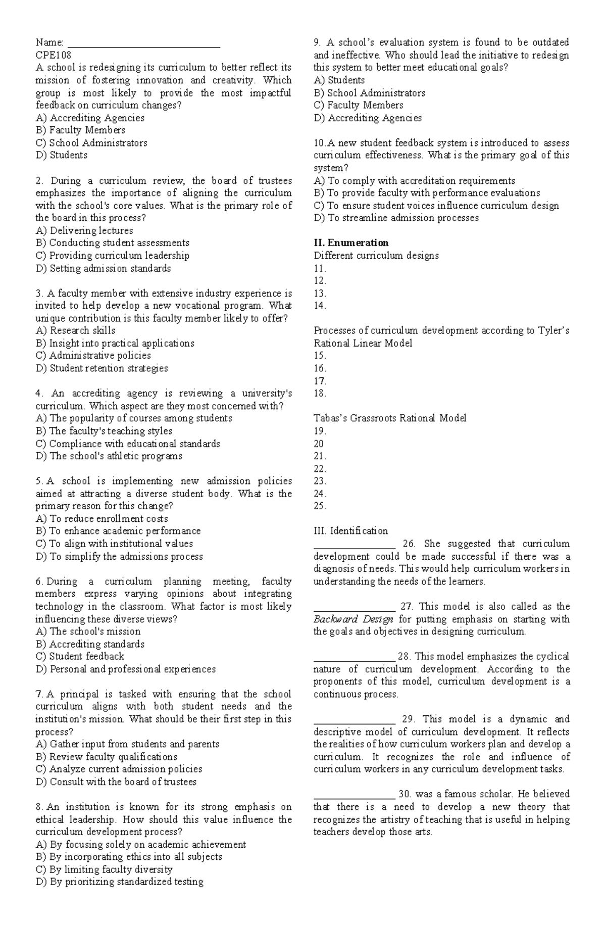 Cpe108 Quiz The Teacher And School Curriculum Quiz Name